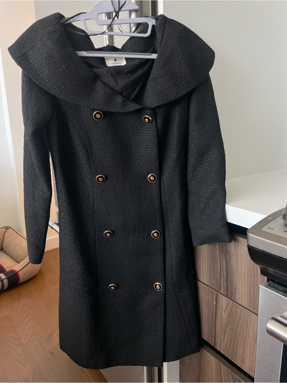 Tuckernuck Black Double-Breasted Midi Coat with Wide Collar